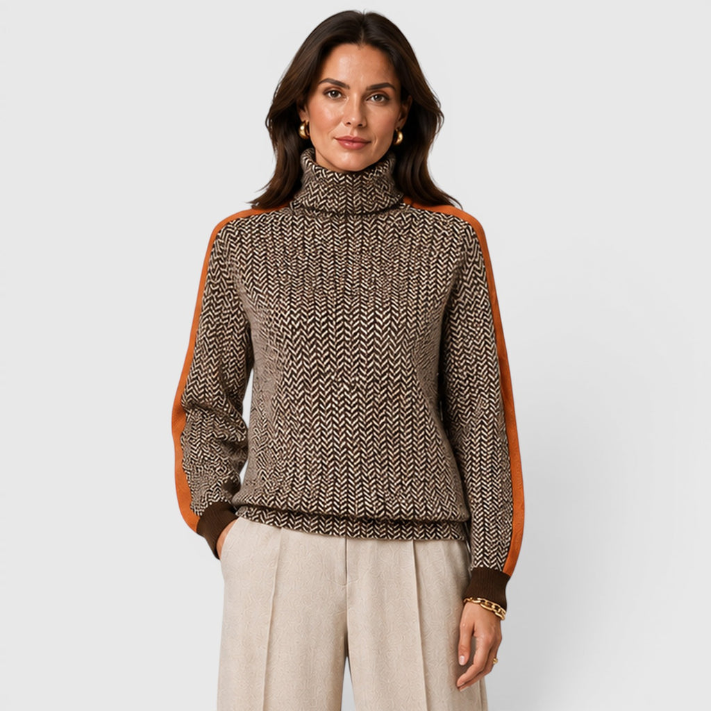 Monvaline | Women's Loose Fit Colour Block Turtleneck Jumper