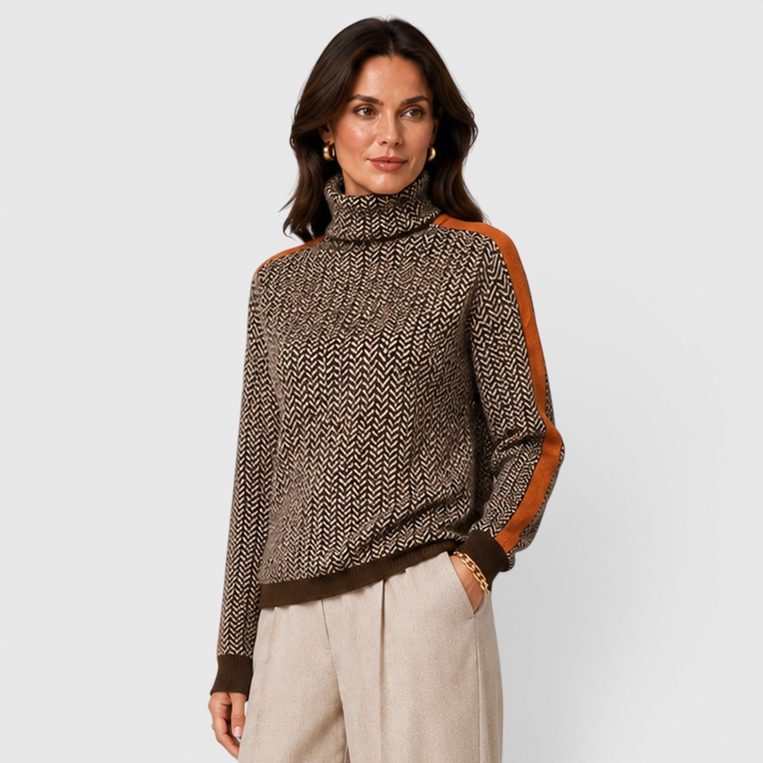 Monvaline | Women's Loose Fit Colour Block Turtleneck Jumper