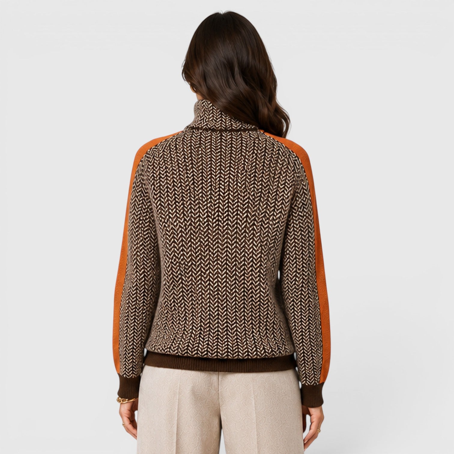 Monvaline | Women's Loose Fit Colour Block Turtleneck Jumper