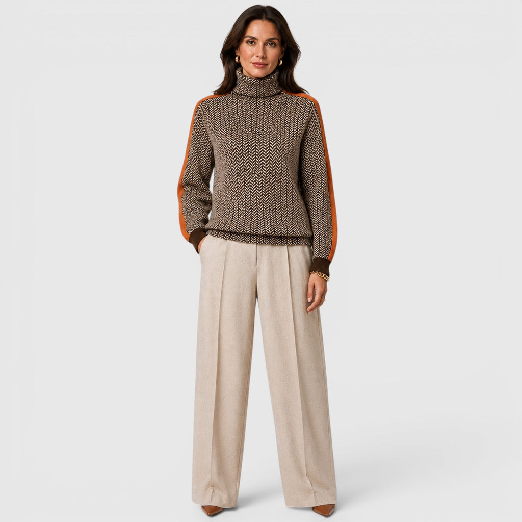 Monvaline | Women's Loose Fit Colour Block Turtleneck Jumper