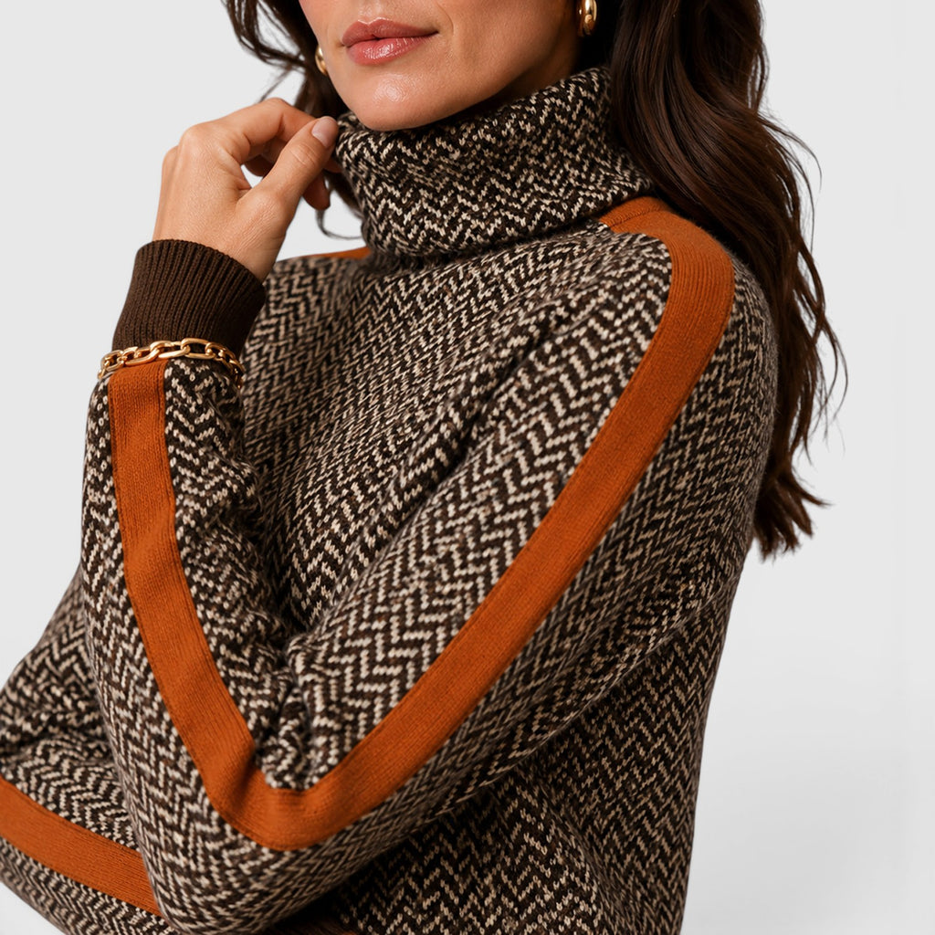 Monvaline | Women's Loose Fit Colour Block Turtleneck Jumper