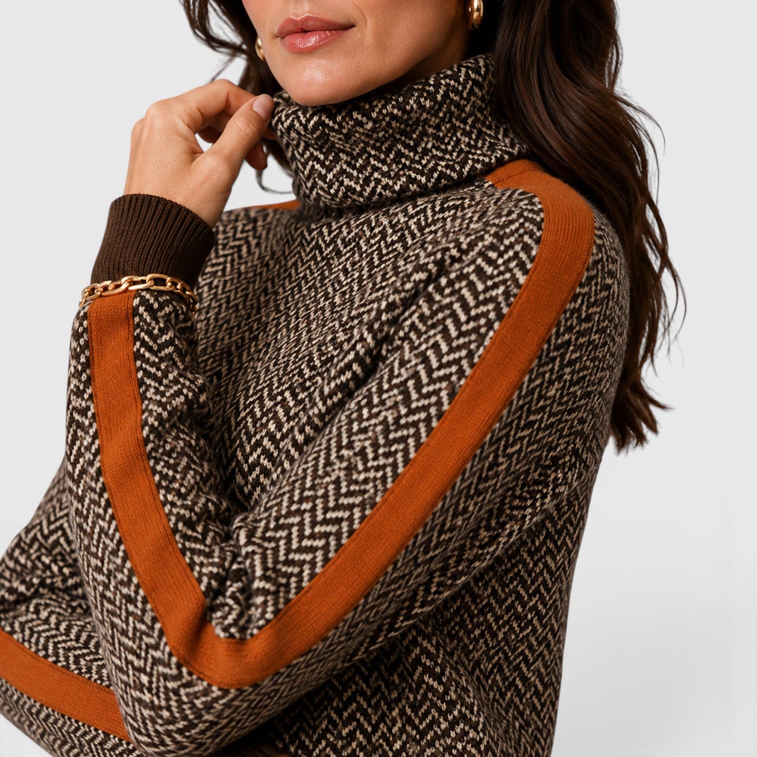 Monvaline | Women's Loose Fit Colour Block Turtleneck Jumper