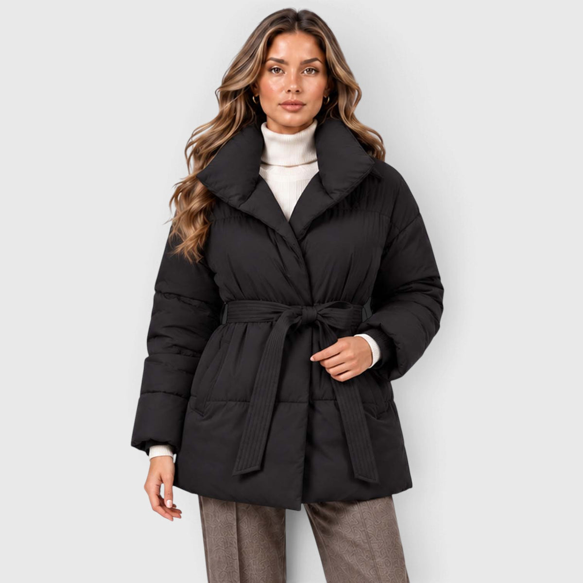 Monvaline | Women's Padded Puffer Jacket with Belt and High Collar