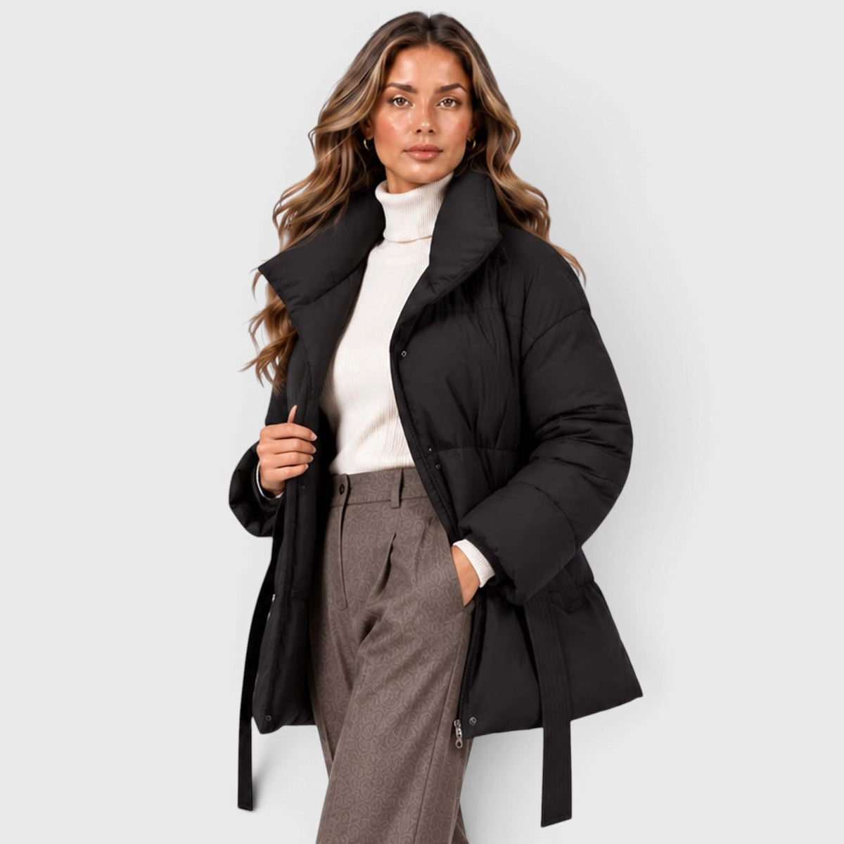 Monvaline | Women's Padded Puffer Jacket with Belt and High Collar