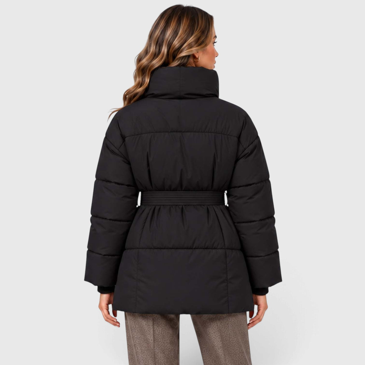 Monvaline | Women's Padded Puffer Jacket with Belt and High Collar