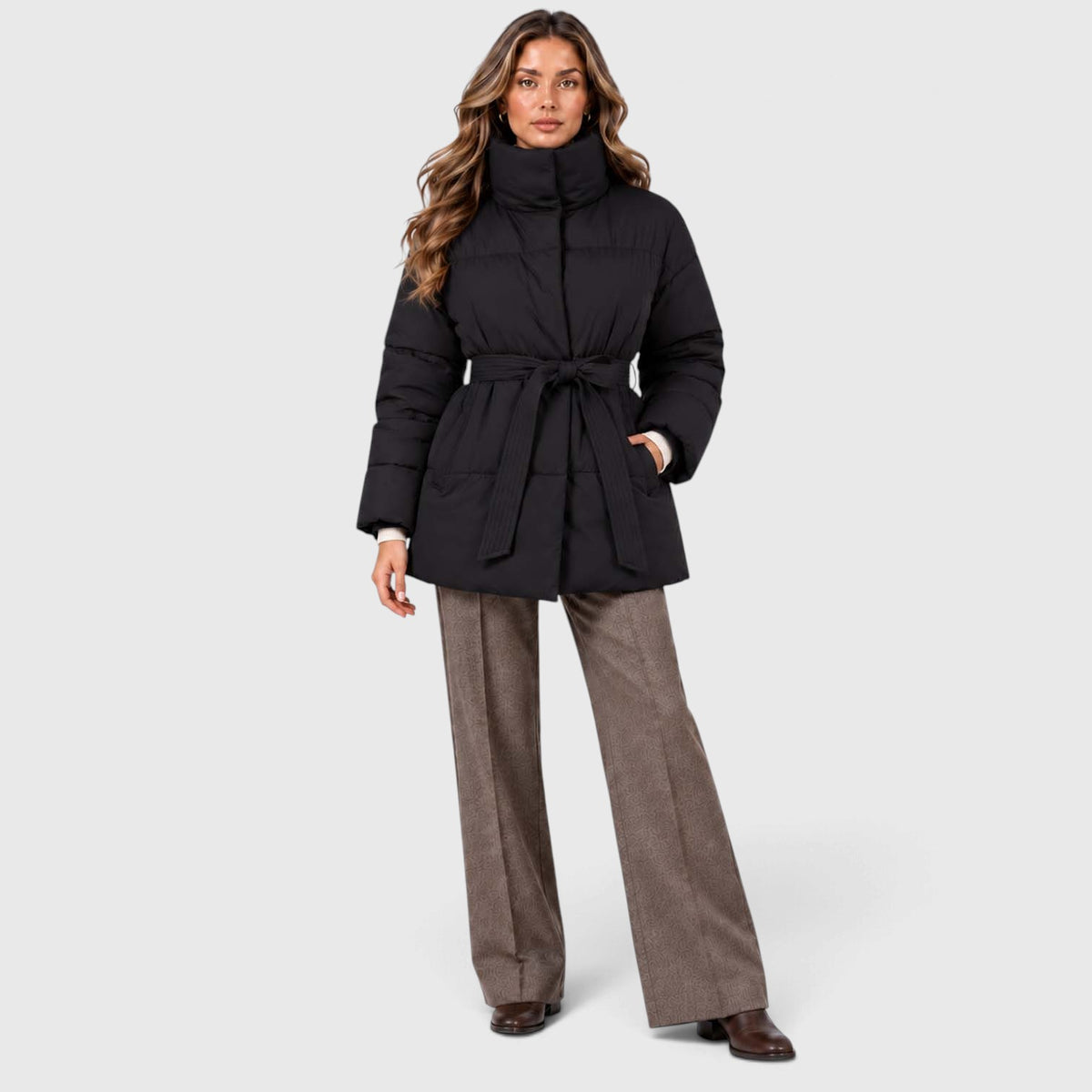 Monvaline | Women's Padded Puffer Jacket with Belt and High Collar