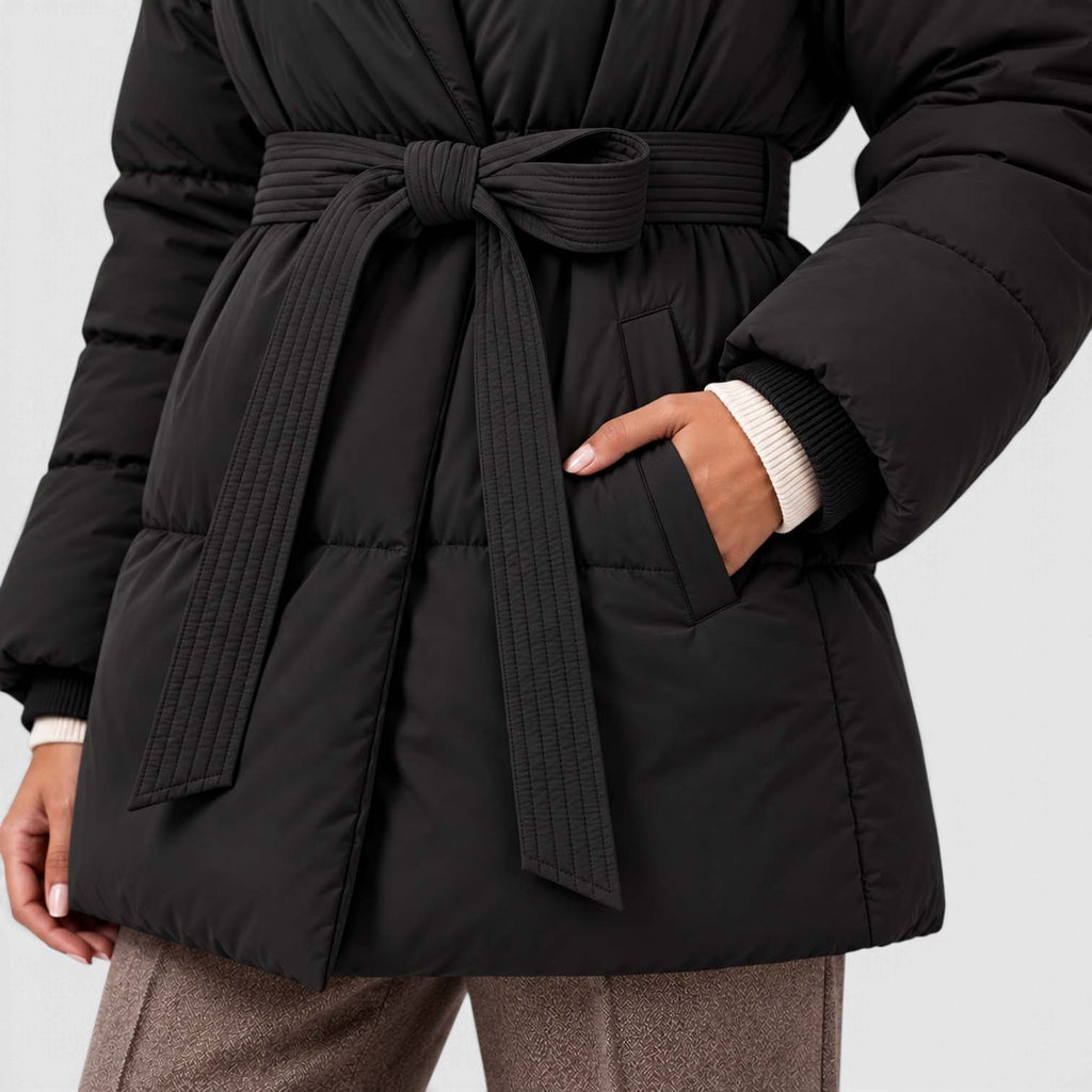 Monvaline | Women's Padded Puffer Jacket with Belt and High Collar