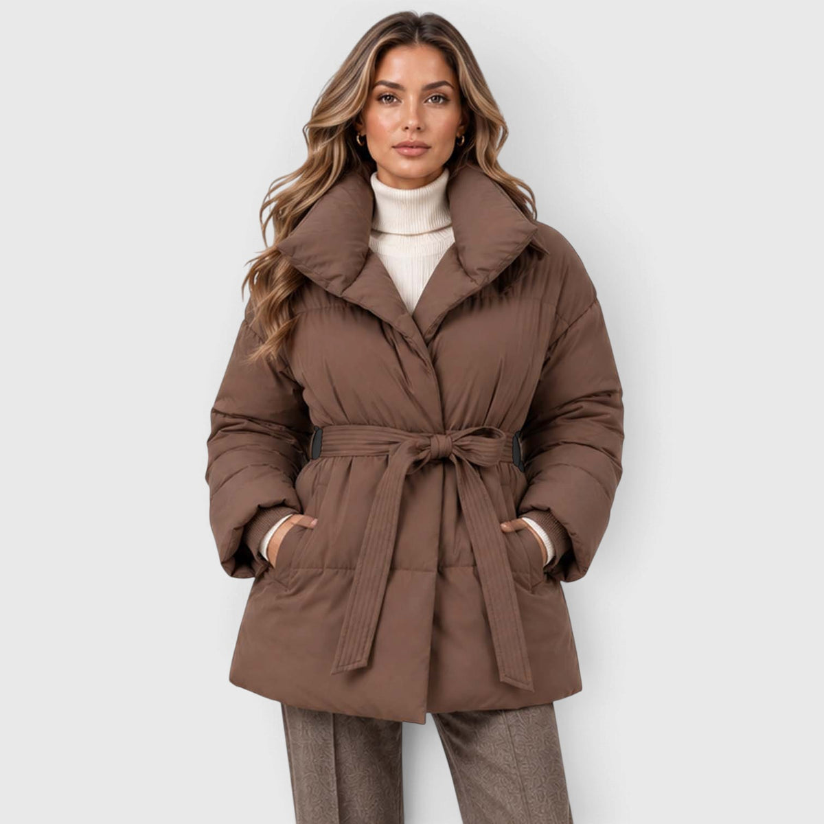 Monvaline | Women's Padded Puffer Jacket with Belt and High Collar