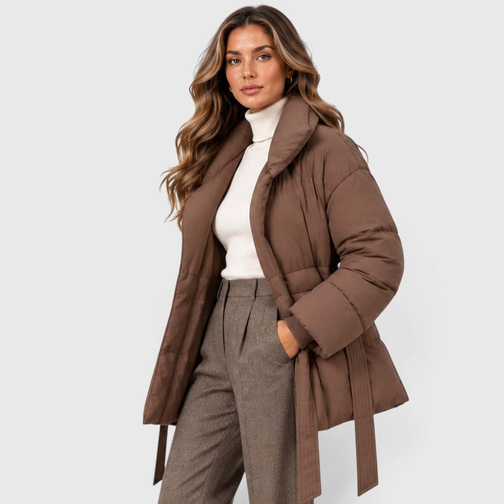 Monvaline | Women's Padded Puffer Jacket with Belt and High Collar