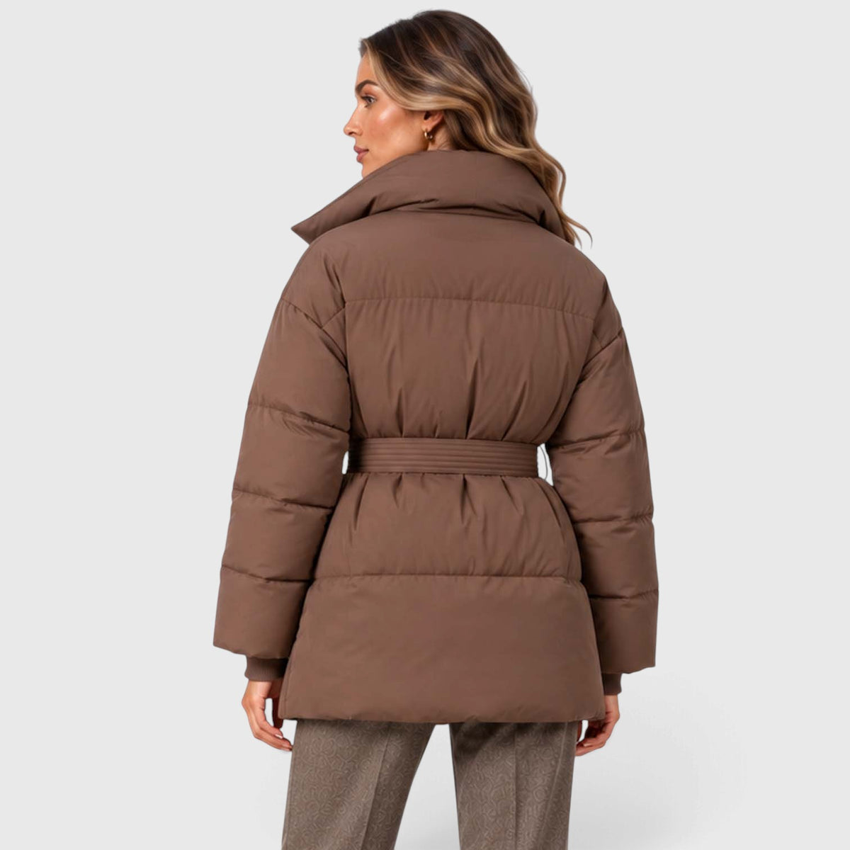 Monvaline | Women's Padded Puffer Jacket with Belt and High Collar