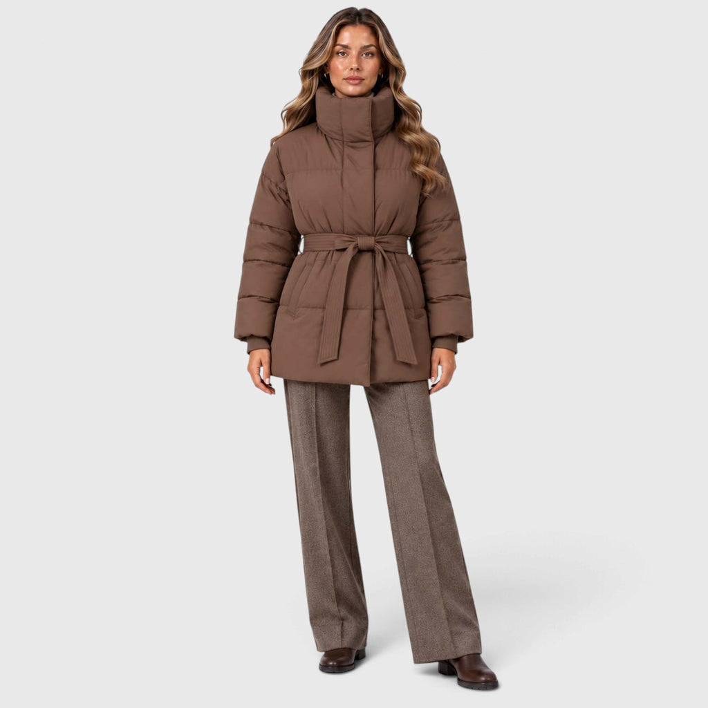 Monvaline | Women's Padded Puffer Jacket with Belt and High Collar