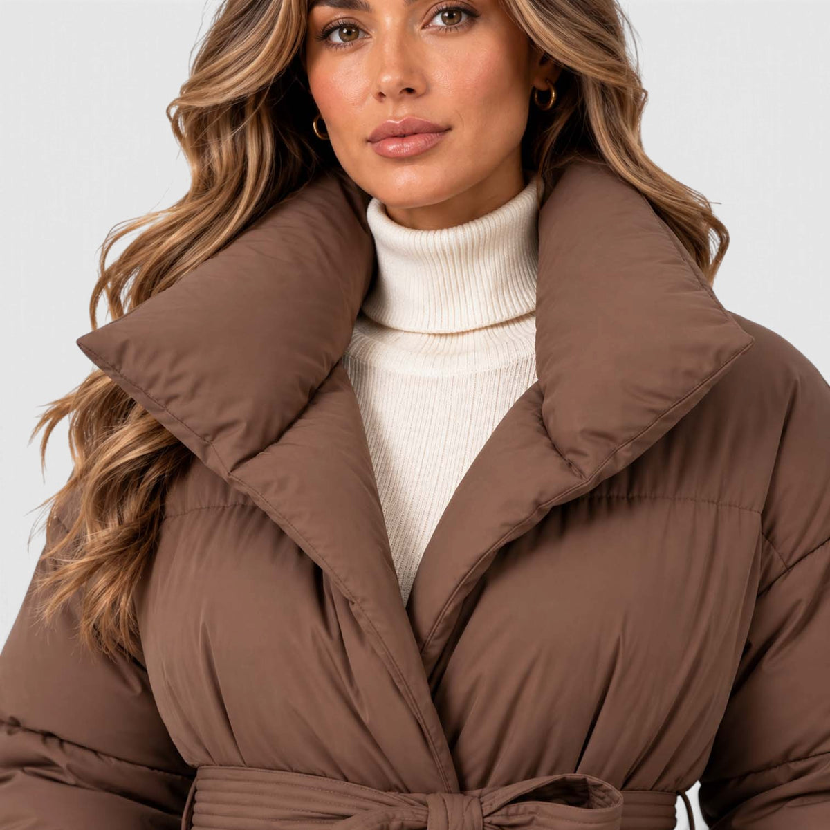 Monvaline | Women's Padded Puffer Jacket with Belt and High Collar