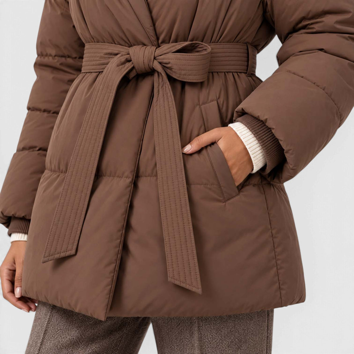 Monvaline | Women's Padded Puffer Jacket with Belt and High Collar
