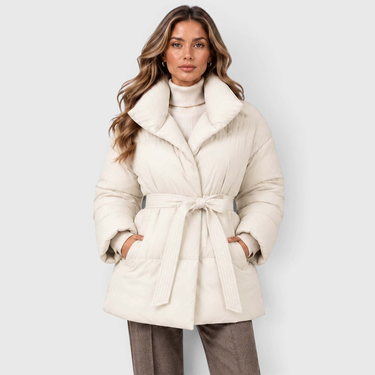 Monvaline | Women's Padded Puffer Jacket with Belt and High Collar