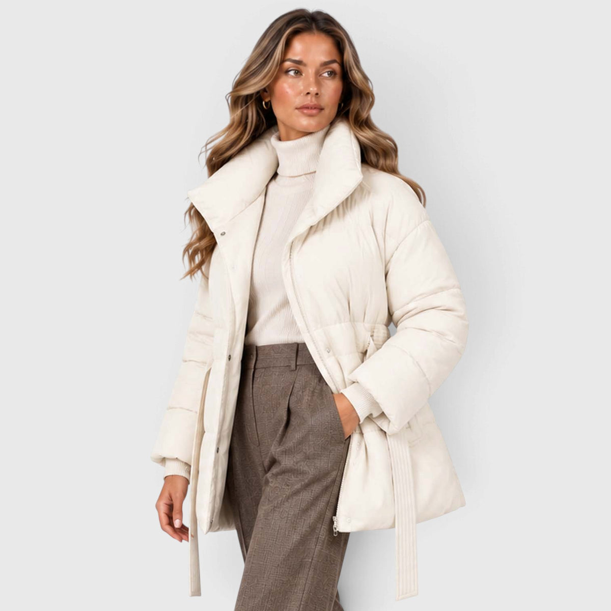 Monvaline | Women's Padded Puffer Jacket with Belt and High Collar
