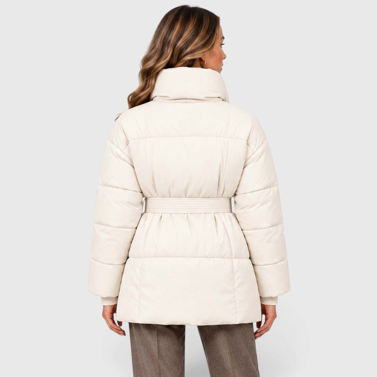 Monvaline | Women's Padded Puffer Jacket with Belt and High Collar