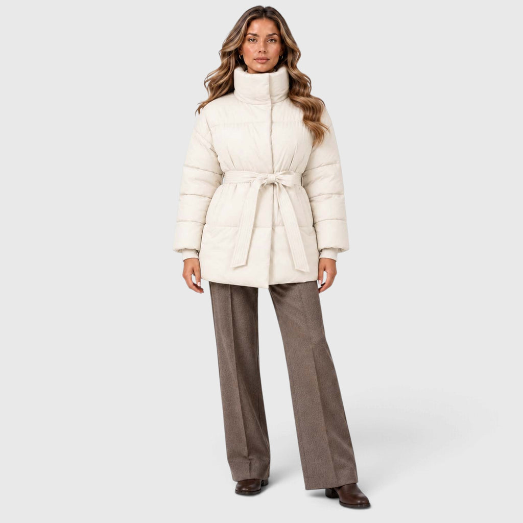 Monvaline | Women's Padded Puffer Jacket with Belt and High Collar