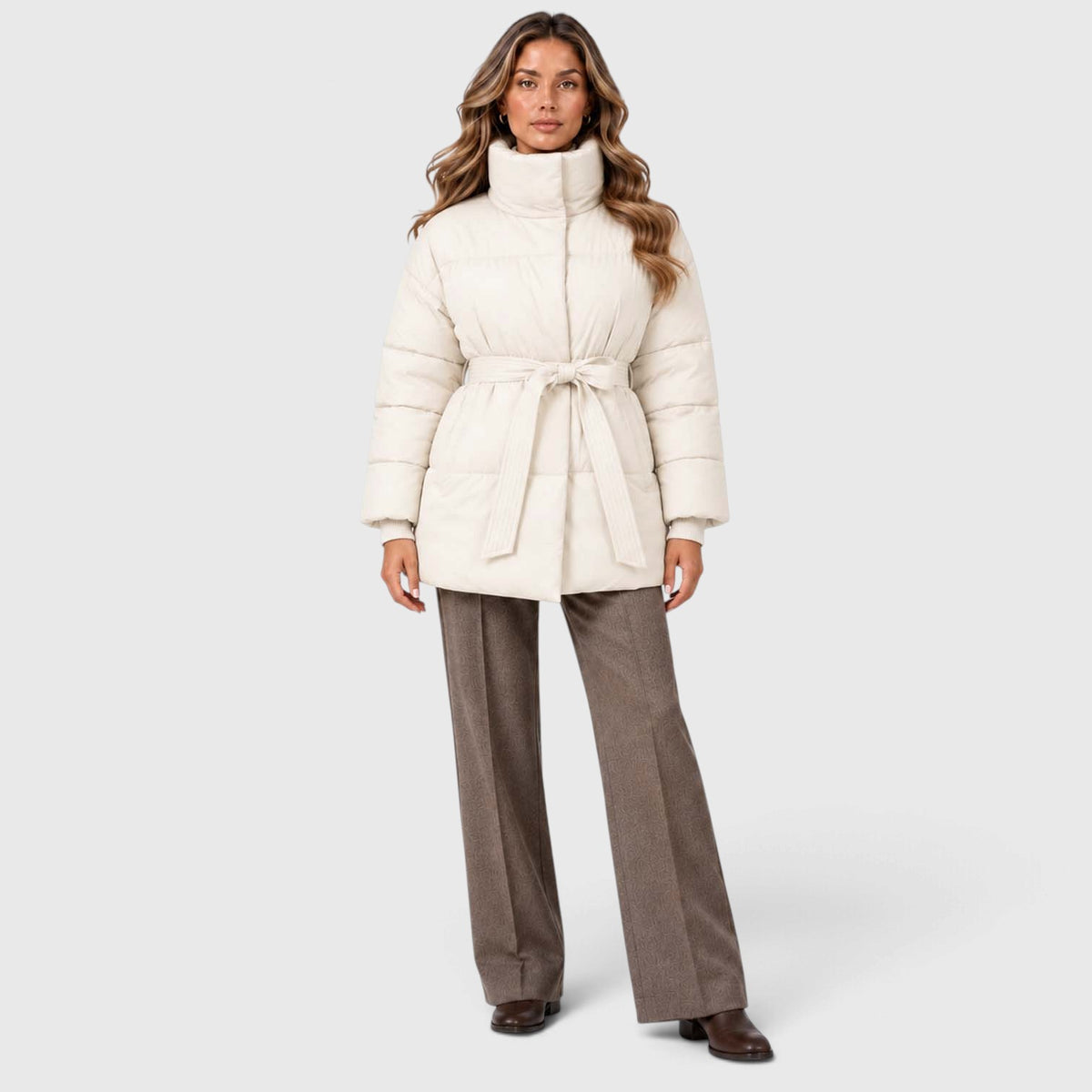 Monvaline | Women's Padded Puffer Jacket with Belt and High Collar
