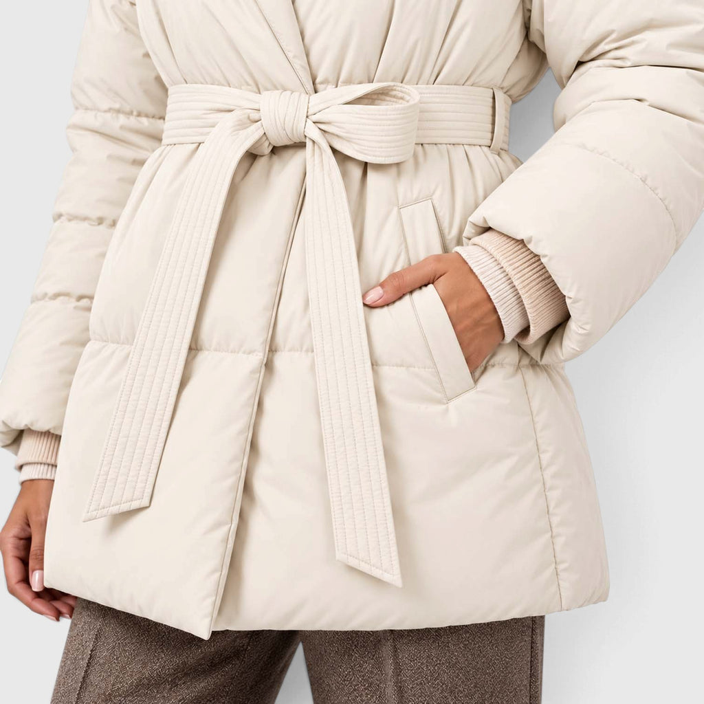 Monvaline | Women's Padded Puffer Jacket with Belt and High Collar