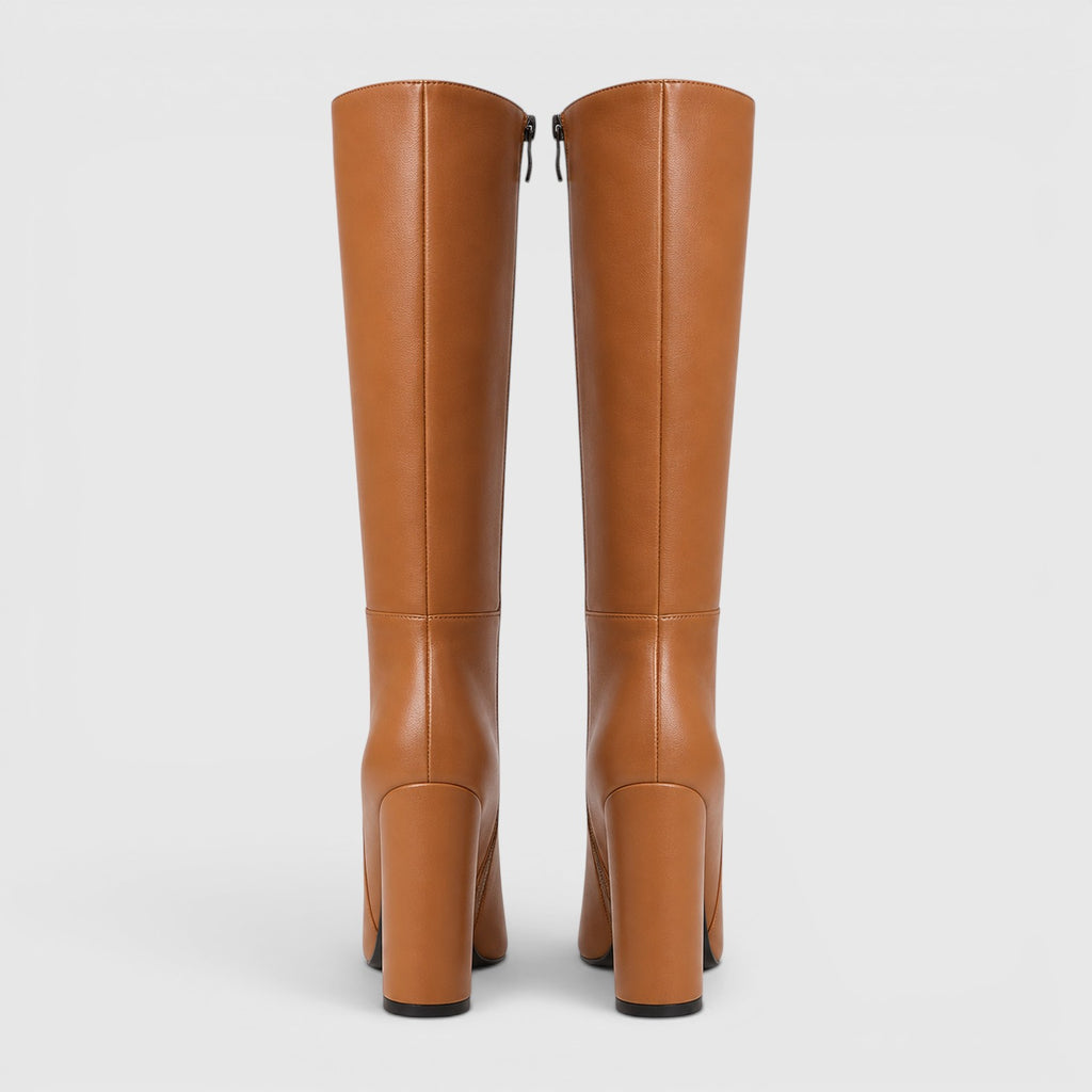 Monvaline | Women's Pointed Toe Chunky Heel Knee High Boots