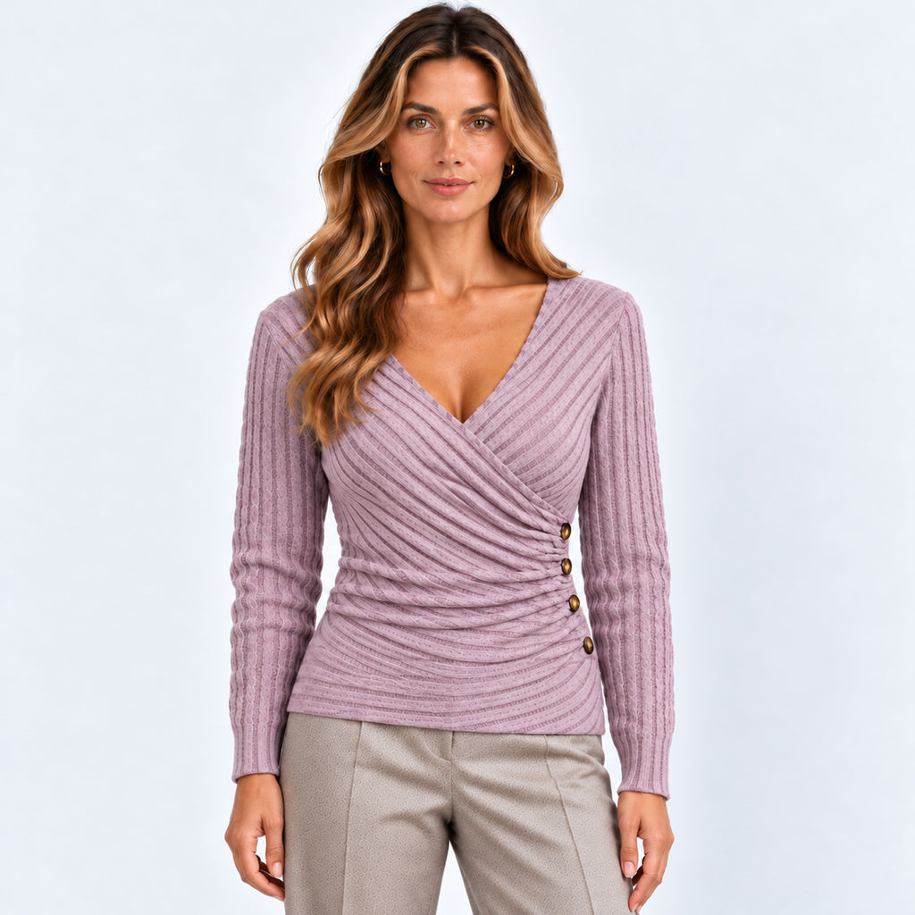 Monvaline | Women's Ribbed Knit Wrap Top Long Sleeve V-Neck Elegant Fit