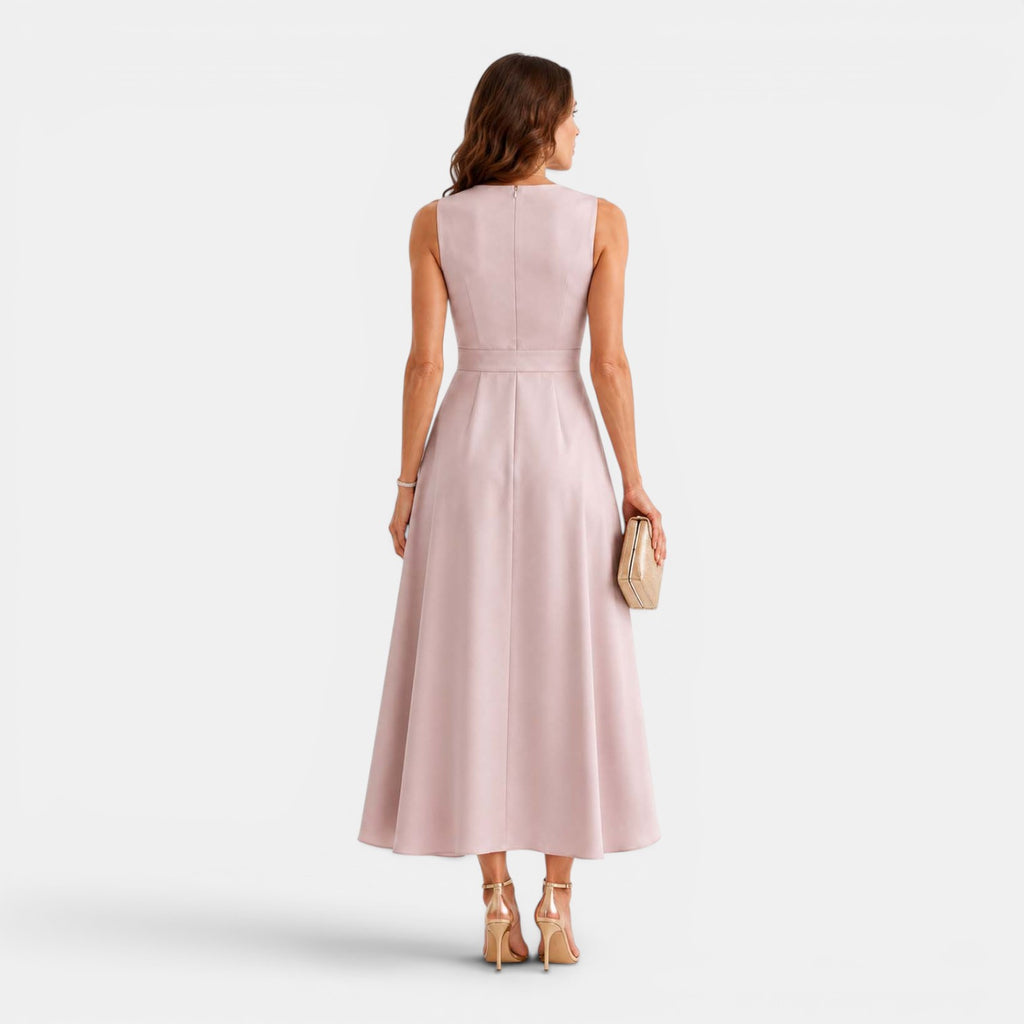 Monvaline | Women's Sleeveless V-Neck Elegant Wrap Front Asymmetrical Midi Dress