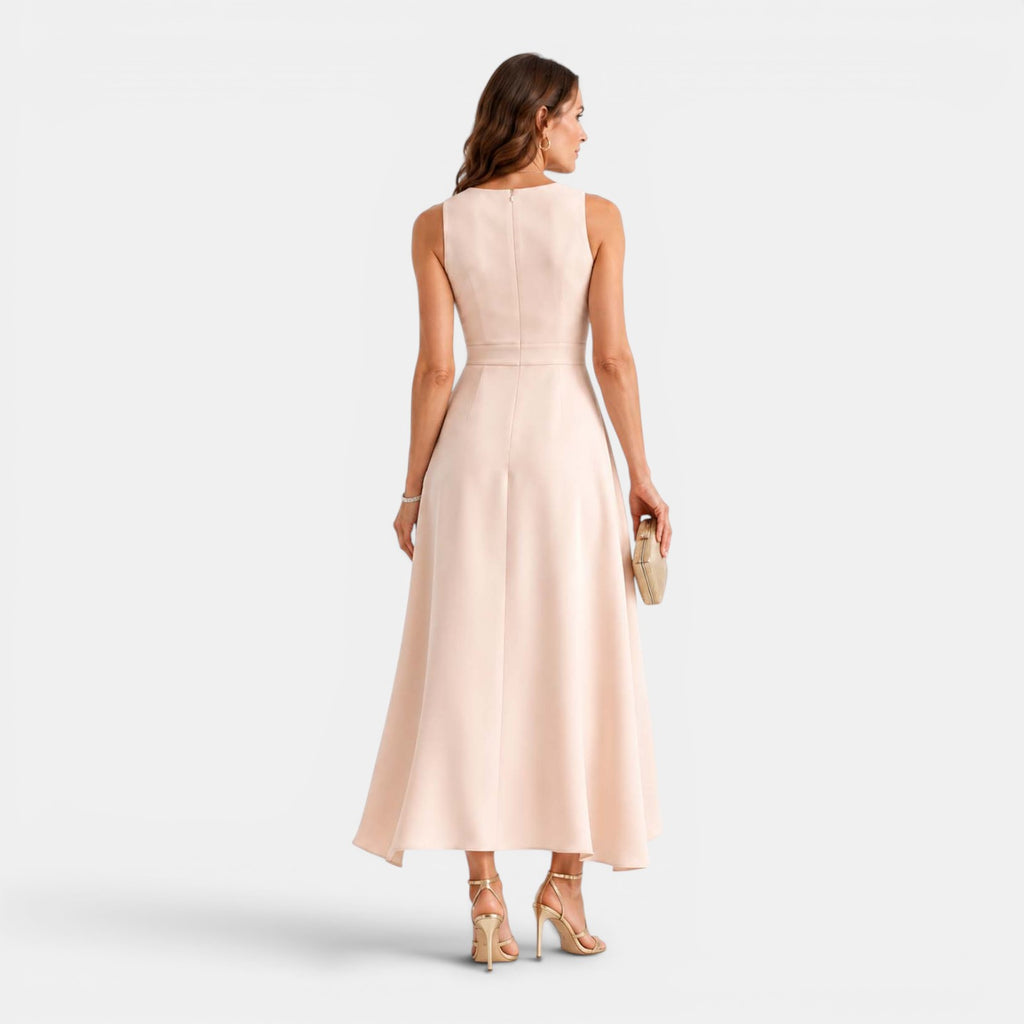 Monvaline | Women's Sleeveless V-Neck Elegant Wrap Front Asymmetrical Midi Dress