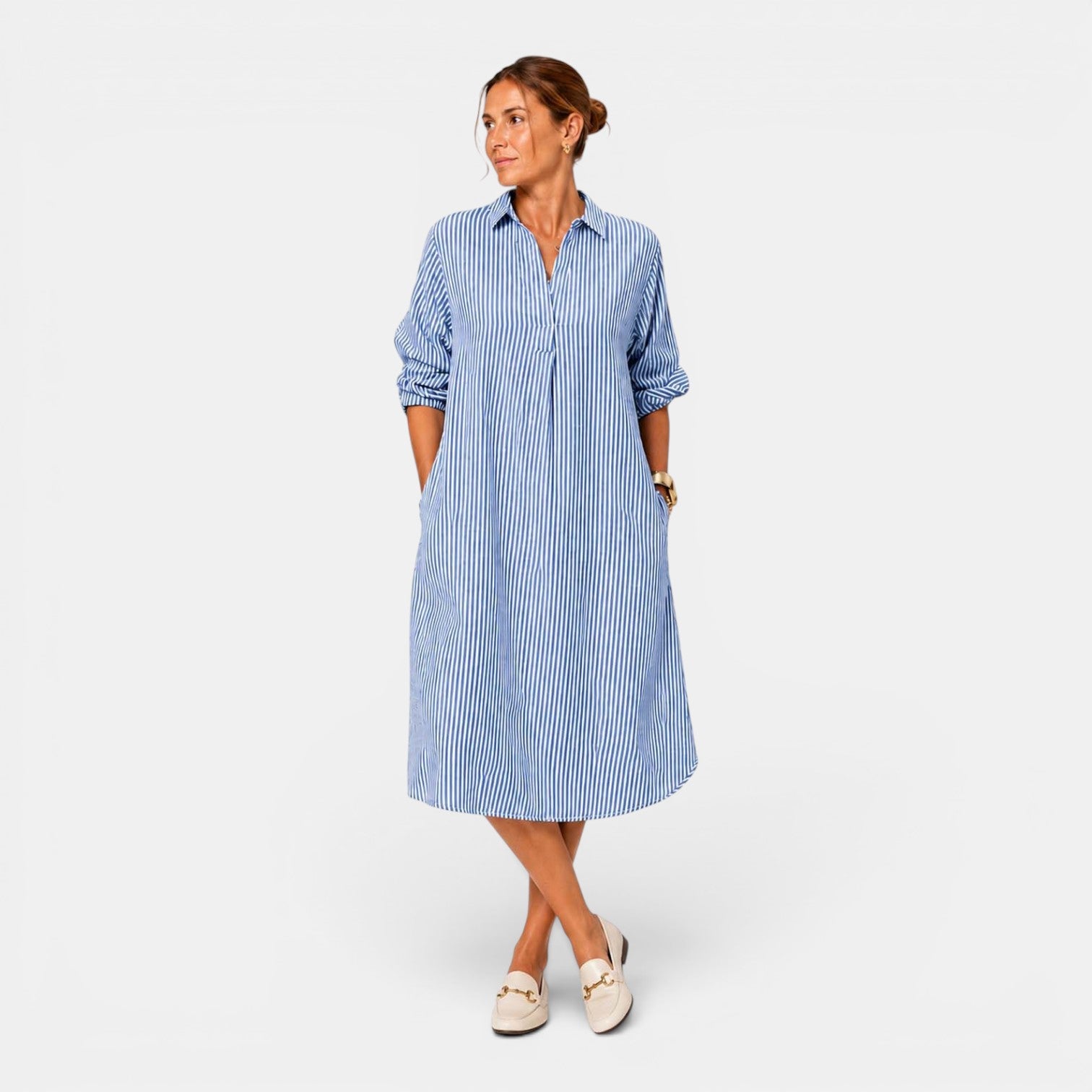 Monvaline | Women's Striped Casual Dress V-Neck Loose Fit Midi Dress