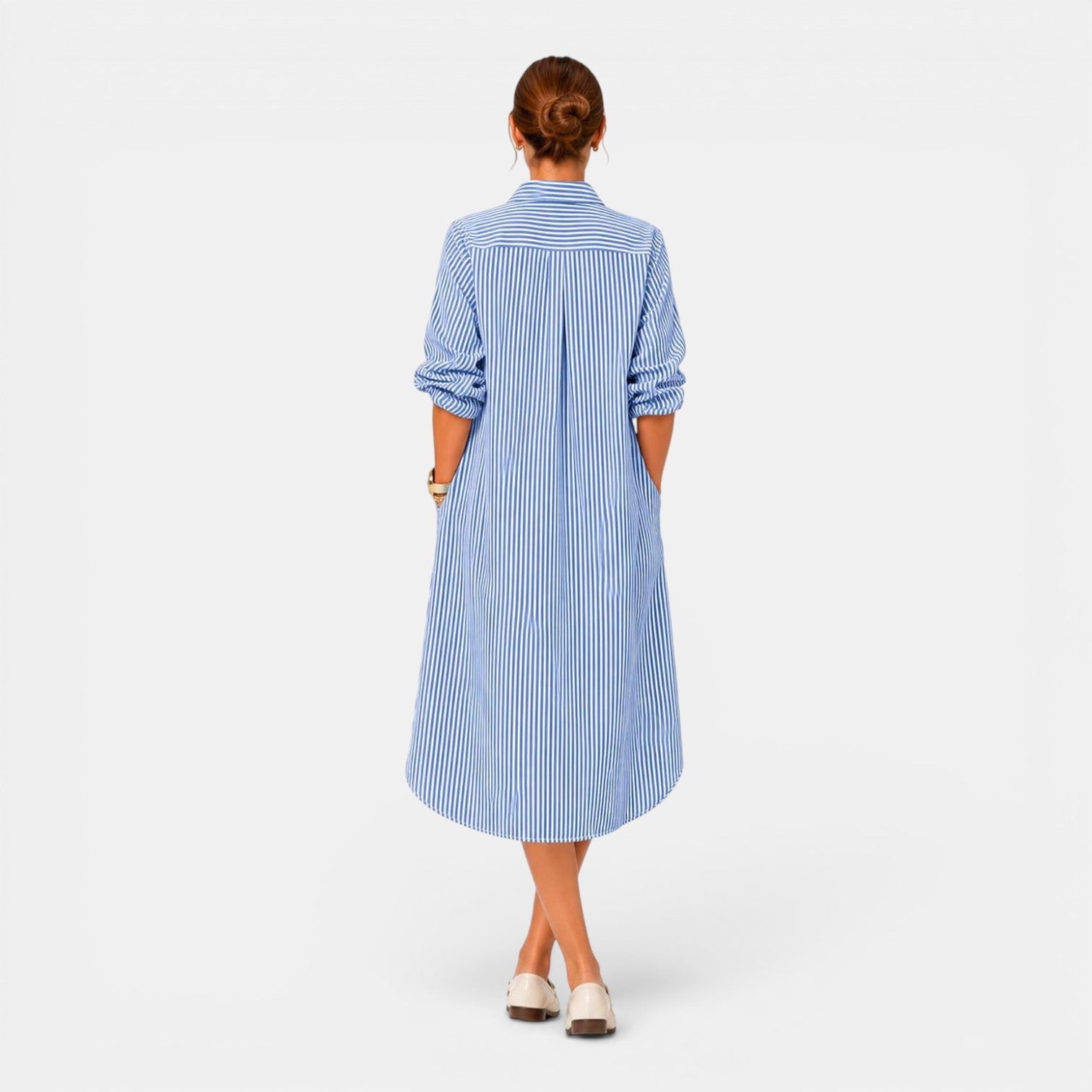 Monvaline | Women's Striped Casual Dress V-Neck Loose Fit Midi Dress