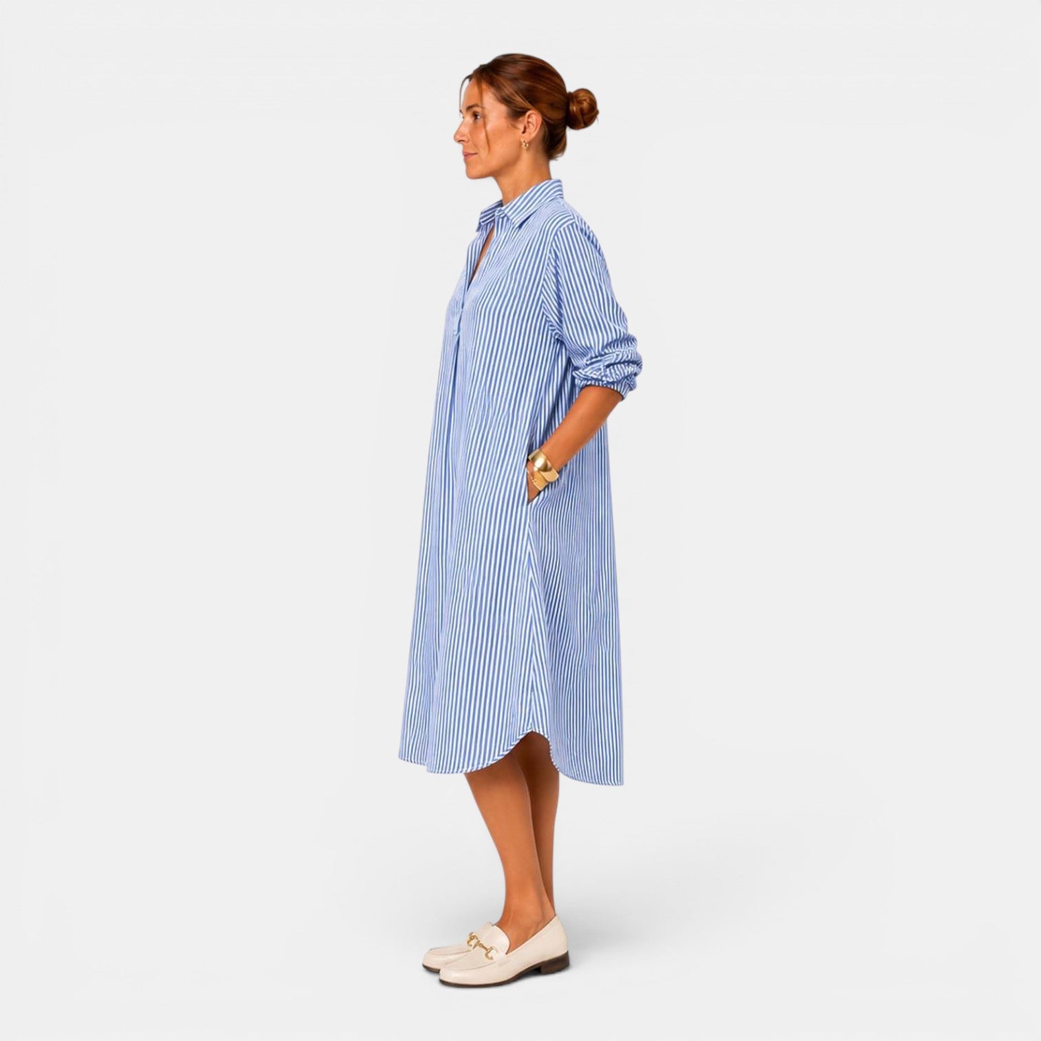 Monvaline | Women's Striped Casual Dress V-Neck Loose Fit Midi Dress