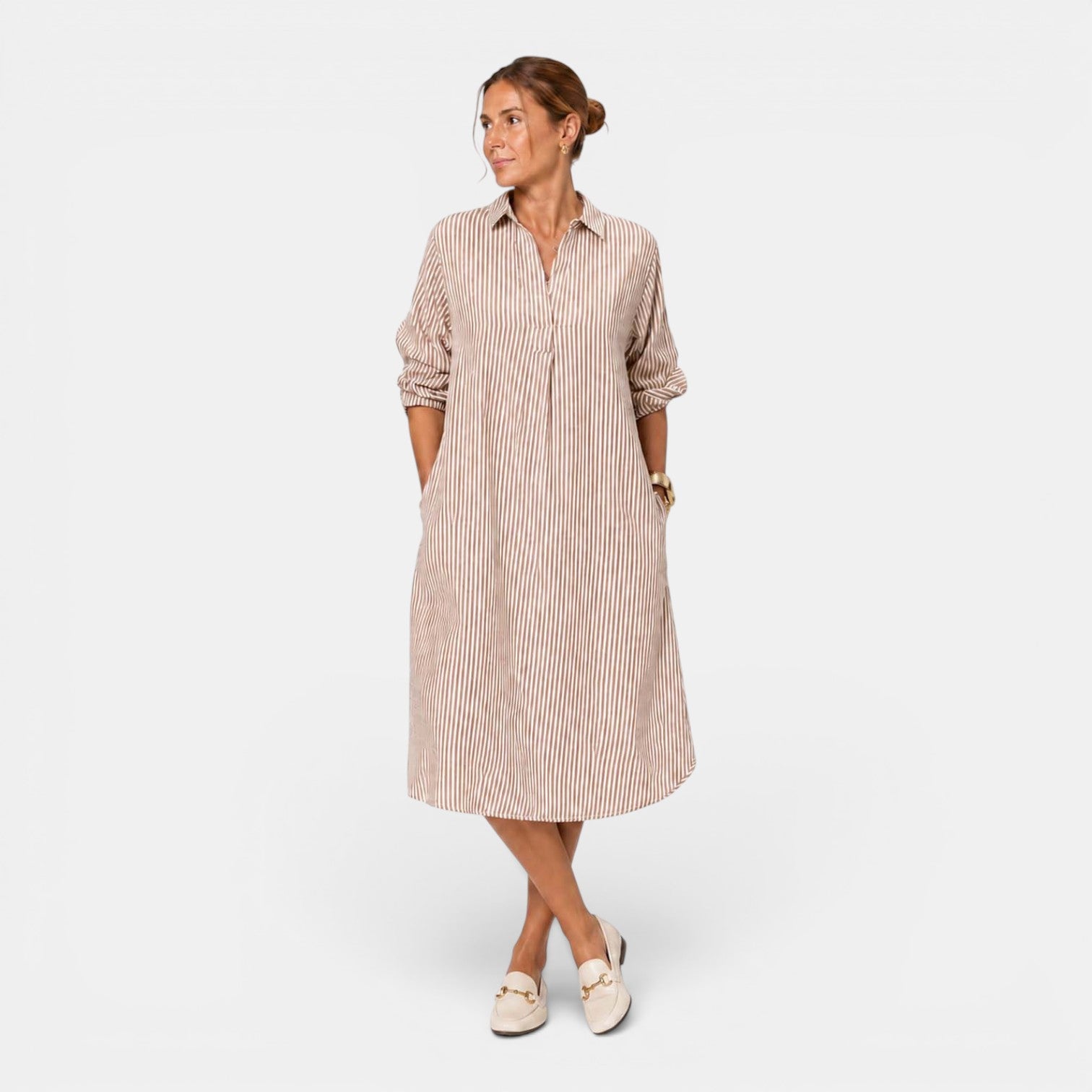Monvaline | Women's Striped Casual Dress V-Neck Loose Fit Midi Dress