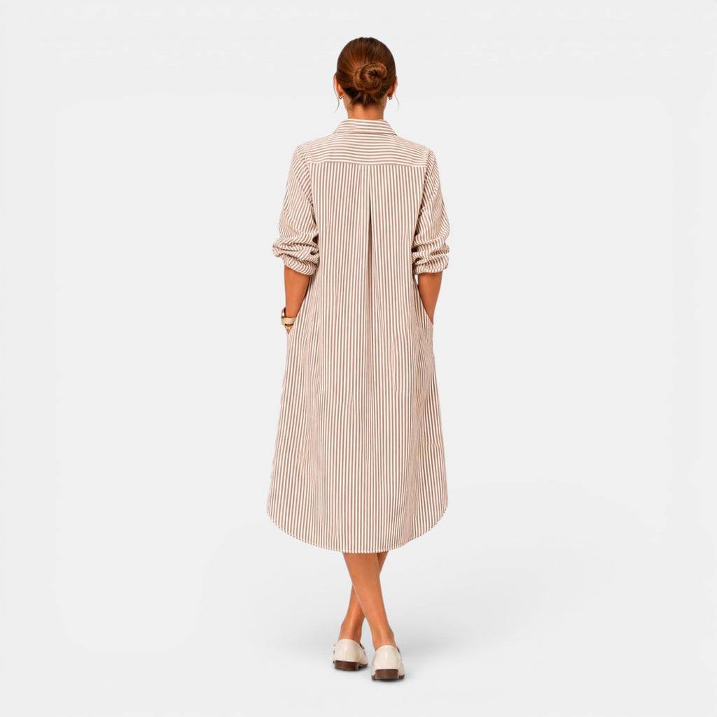Monvaline | Women's Striped Casual Dress V-Neck Loose Fit Midi Dress