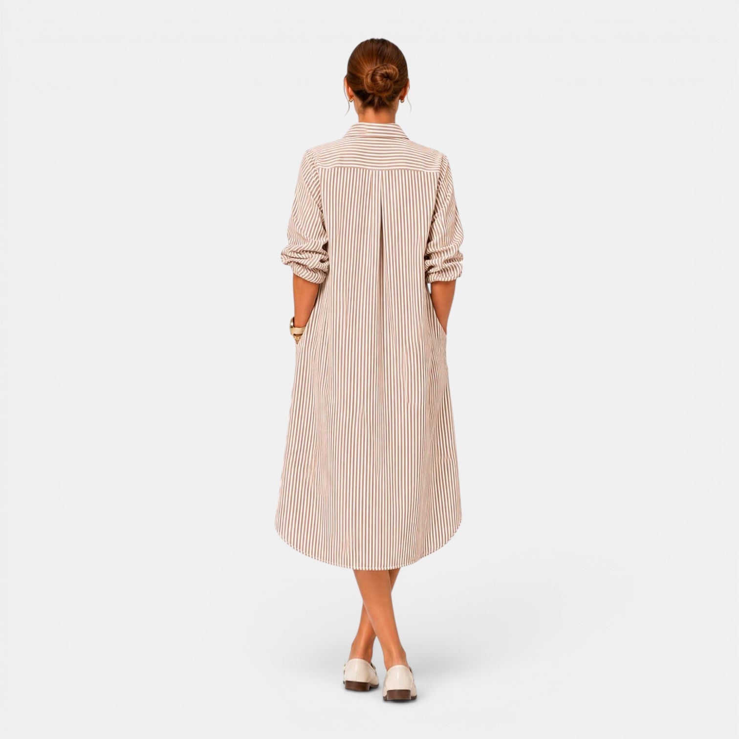Monvaline | Women's Striped Casual Dress V-Neck Loose Fit Midi Dress