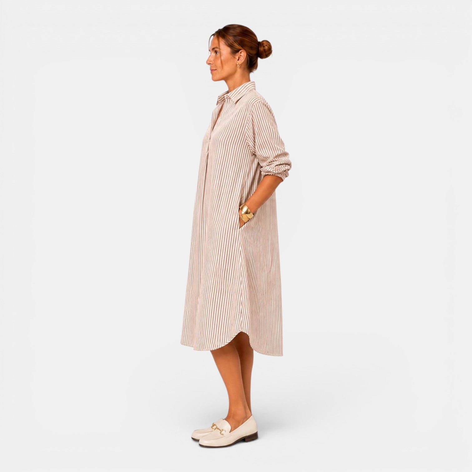 Monvaline | Women's Striped Casual Dress V-Neck Loose Fit Midi Dress