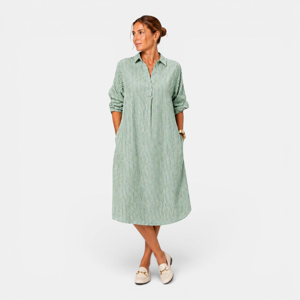 Monvaline | Women's Striped Casual Dress V-Neck Loose Fit Midi Dress