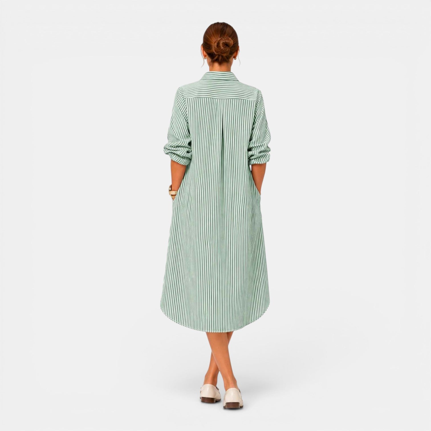 Monvaline | Women's Striped Casual Dress V-Neck Loose Fit Midi Dress