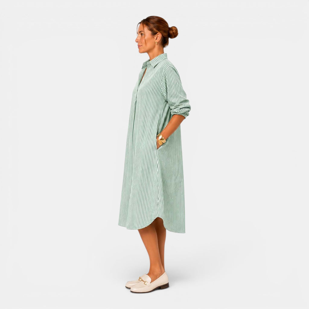Monvaline | Women's Striped Casual Dress V-Neck Loose Fit Midi Dress