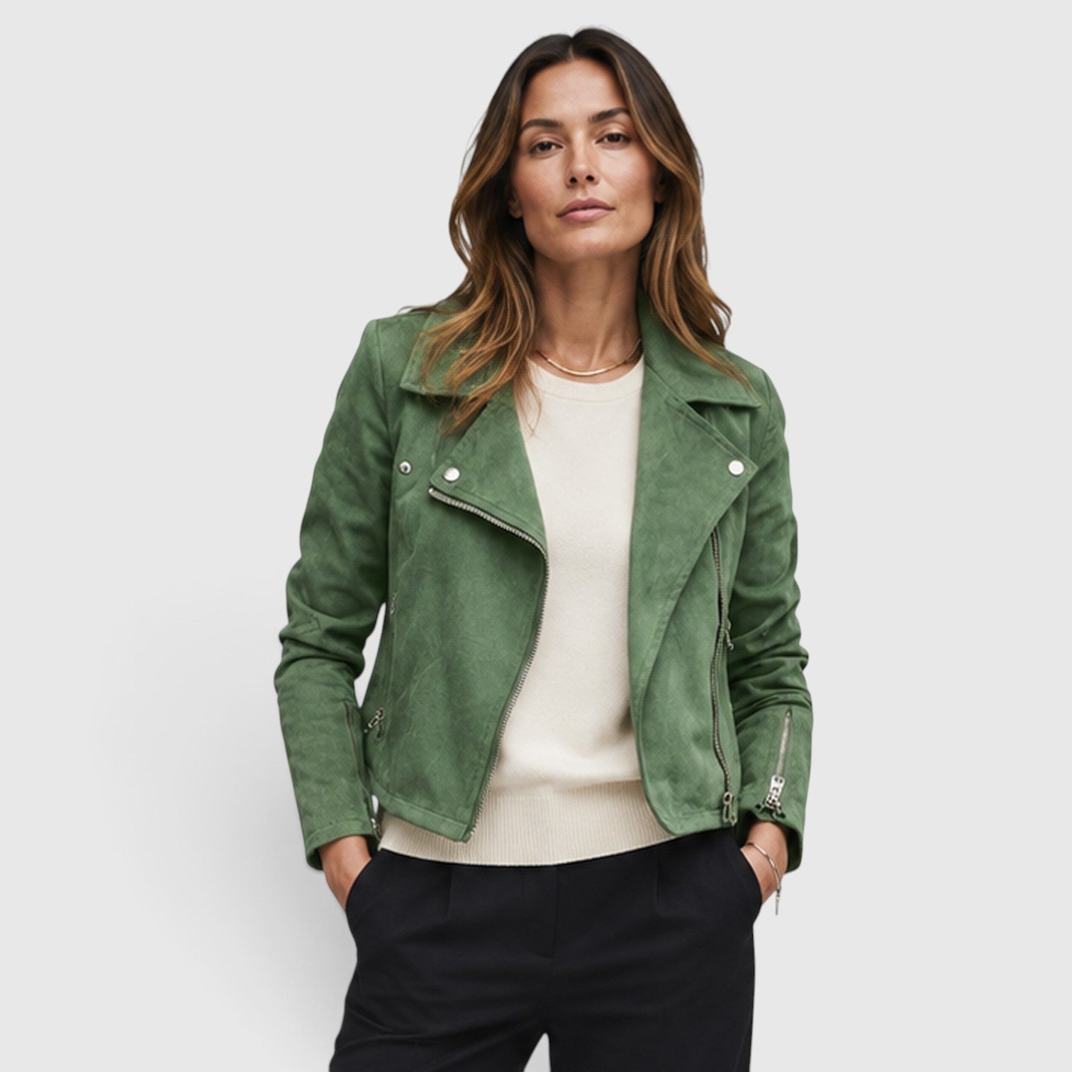 Monvaline | Women's Suede Biker Jacket – Cropped Asymmetric Zip