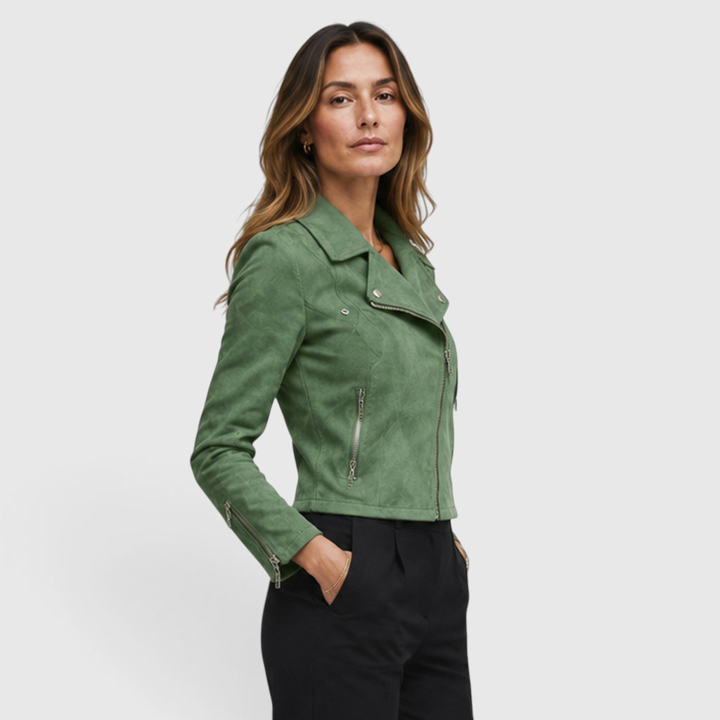 Monvaline | Women's Suede Biker Jacket – Cropped Asymmetric Zip