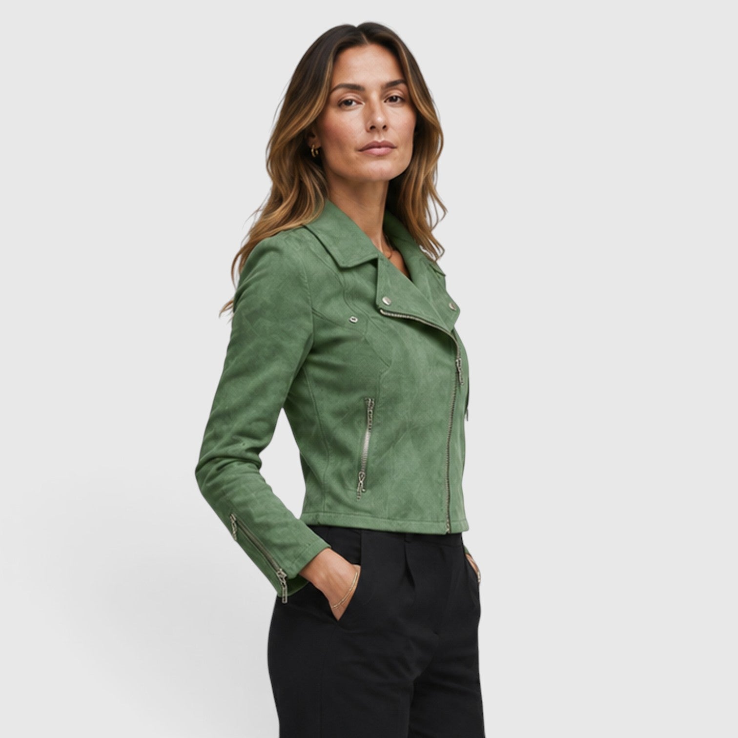 Monvaline | Women's Suede Biker Jacket – Cropped Asymmetric Zip