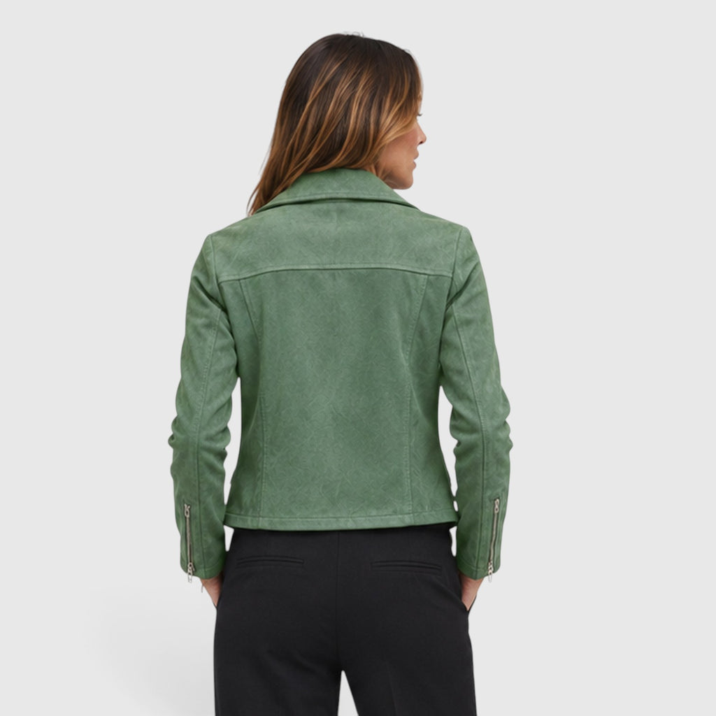 Monvaline | Women's Suede Biker Jacket – Cropped Asymmetric Zip