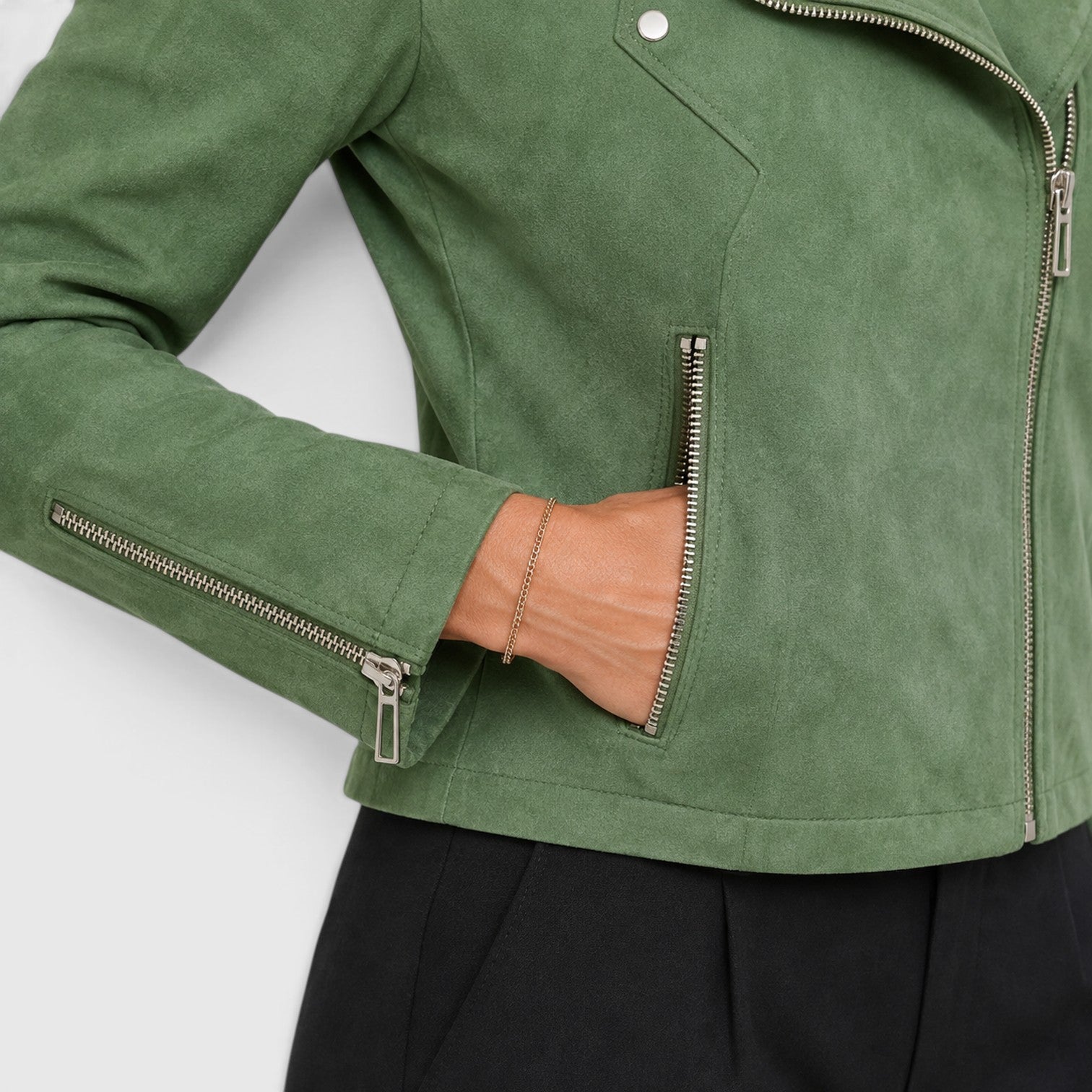 Monvaline | Women's Suede Biker Jacket – Cropped Asymmetric Zip