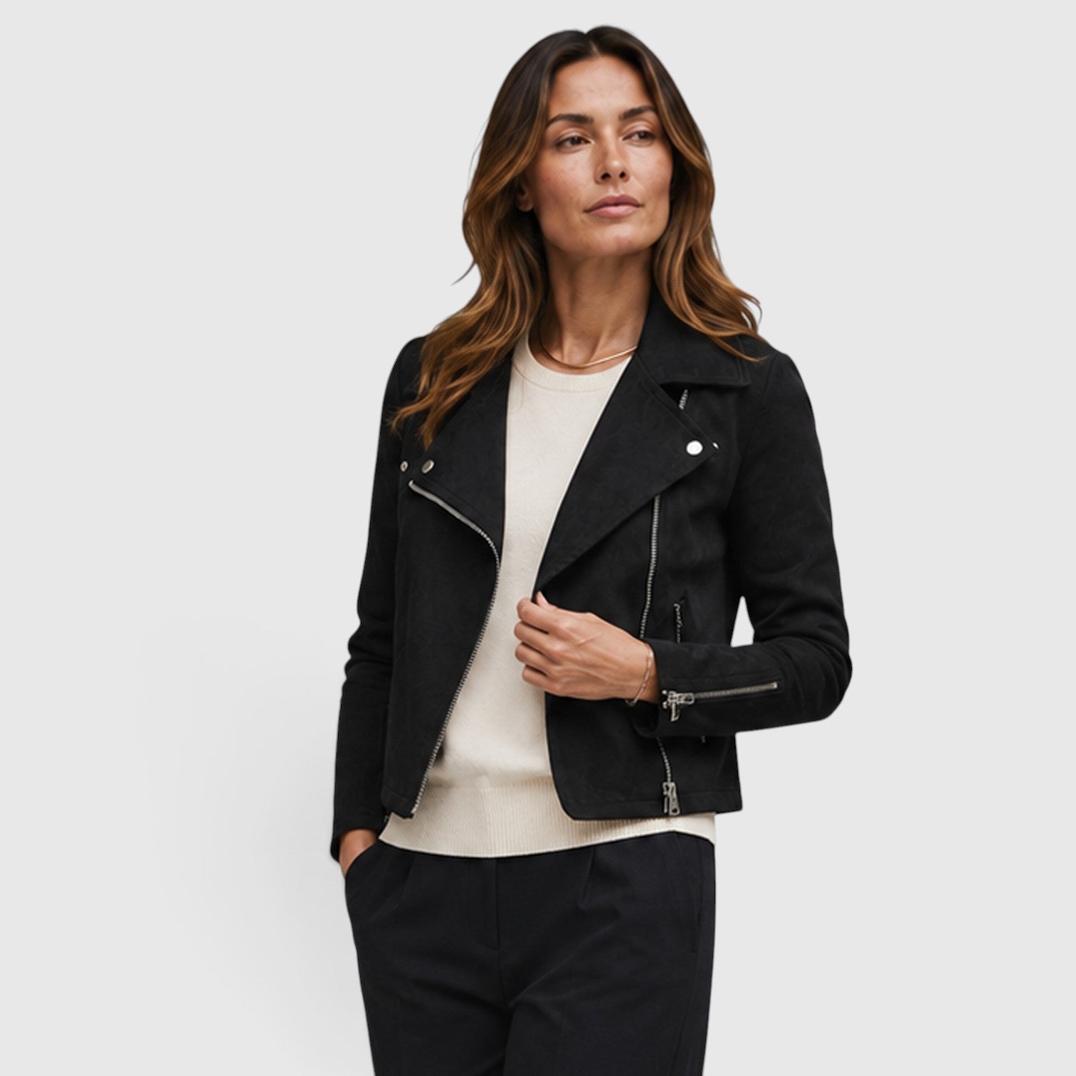 Monvaline | Women's Suede Biker Jacket – Cropped Asymmetric Zip