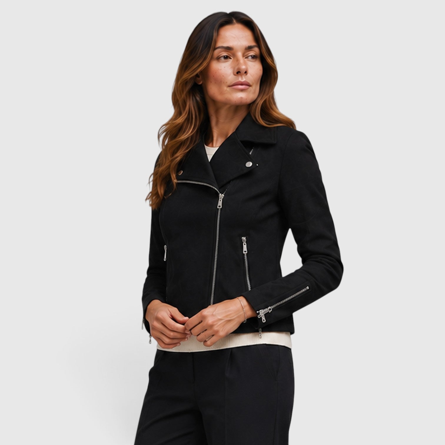 Monvaline | Women's Suede Biker Jacket – Cropped Asymmetric Zip