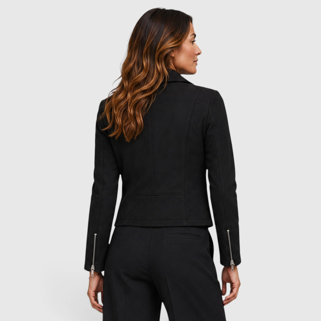 Monvaline | Women's Suede Biker Jacket – Cropped Asymmetric Zip
