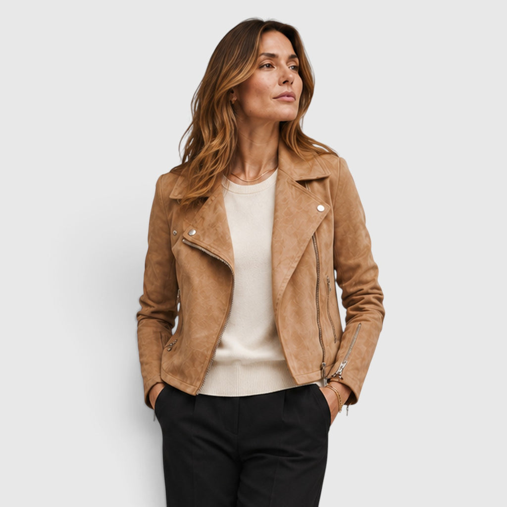 Monvaline | Women's Suede Biker Jacket – Cropped Asymmetric Zip