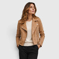 Monvaline | Women's Suede Biker Jacket – Cropped Asymmetric Zip