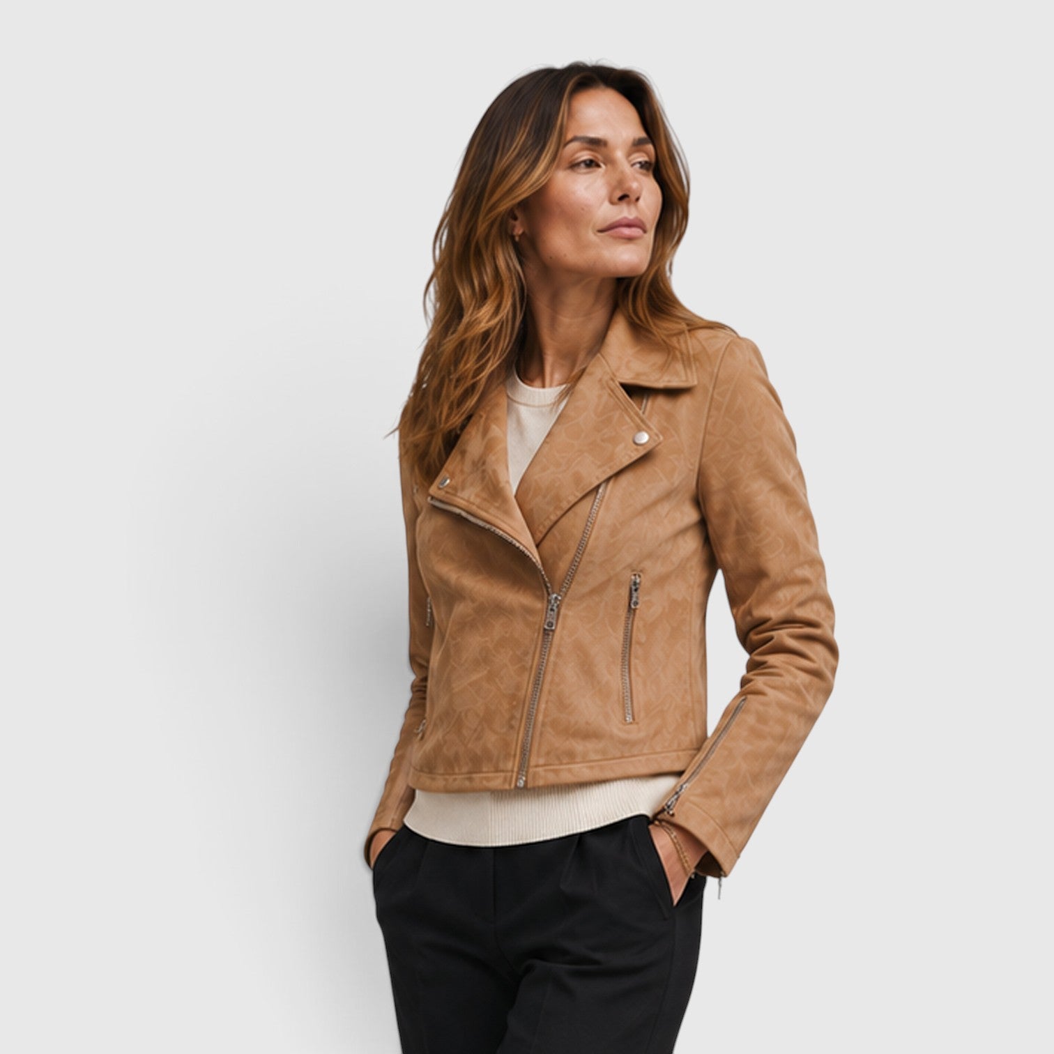 Monvaline | Women's Suede Biker Jacket – Cropped Asymmetric Zip