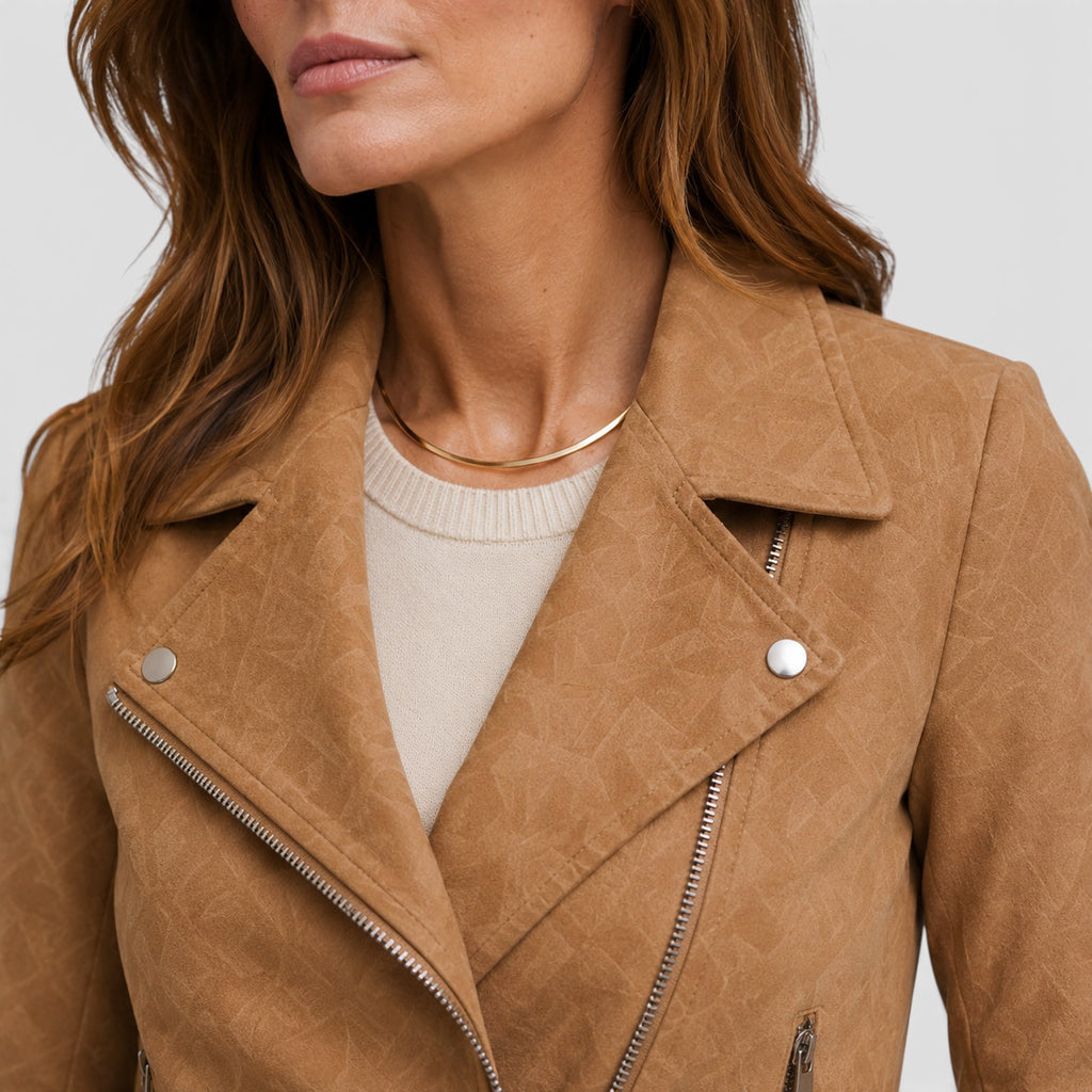 Monvaline | Women's Suede Biker Jacket – Cropped Asymmetric Zip