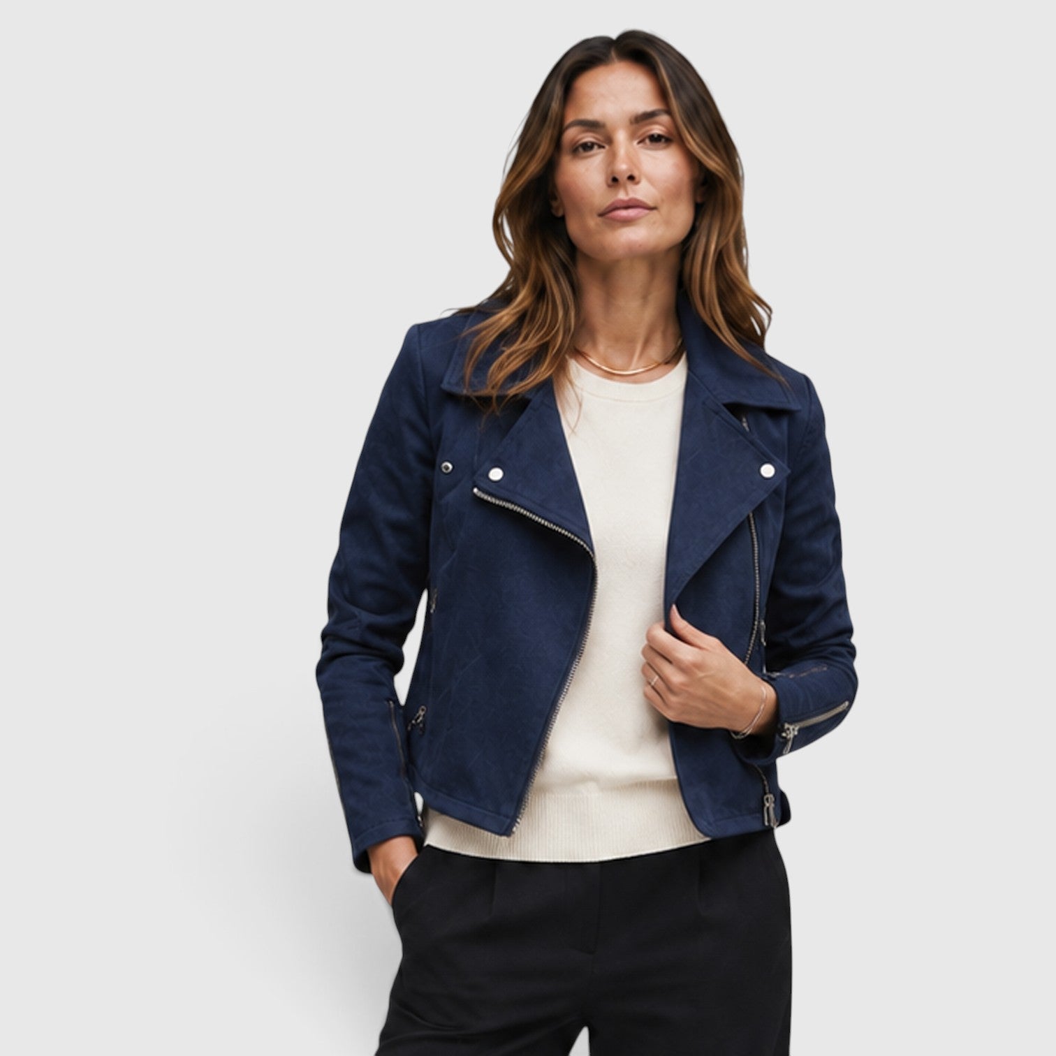 Monvaline | Women's Suede Biker Jacket – Cropped Asymmetric Zip